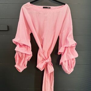 Max Jeans Pink and White Gingham Billow Sleeves Statement Blouse Sz Small